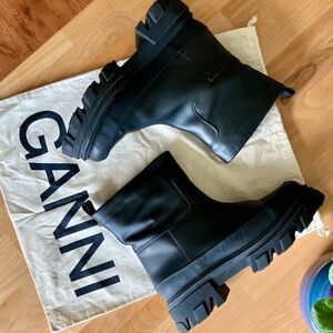 EUC GANNI Black Leather Tubular Boot platform cap toe moto EU size 41